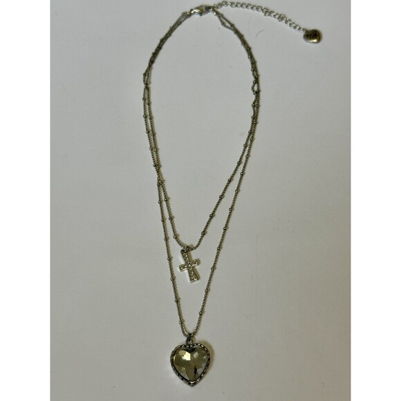 Betsy Johnson Necklace Double Strand Heart Cross Beaded Chain Silver Tone - Picture 2 of 5